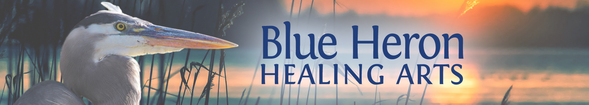 pink sunset with heron and Blue Heron Healing Arts title